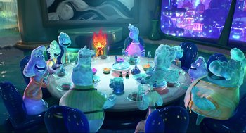 Movie still from “Elemental” (2023), directed by Peter Sohn – A group of people sitting around a round table; Wide shot, Over the shoulder angle