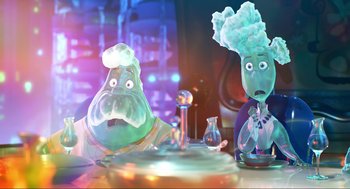 Movie still from “Elemental” (2023), directed by Peter Sohn – A couple of cartoon characters sitting at a table; Medium shot, Over the shoulder angle