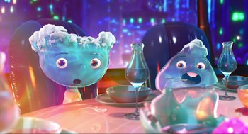 Movie still from “Elemental” (2023), directed by Peter Sohn – A couple of cartoon characters sitting at a dinner table; Medium shot, Over the shoulder angle