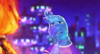 Movie still from “Elemental” (2023), directed by Peter Sohn – An animated character is holding his hand to his mouth; Close Up shot, High angle