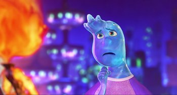Movie still from “Elemental” (2023), directed by Peter Sohn – A person's face in a cartoon; Close Up shot, Over the shoulder angle