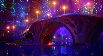 Movie still from “Elemental” (2023), directed by Peter Sohn – An image of a bridge that is lit up at night; Extreme Wide shot, Low angle