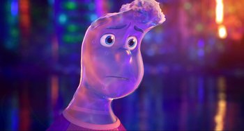 Movie still from “Elemental” (2023), directed by Peter Sohn – The head of a character in the movie inside out; Close Up shot, Over the shoulder angle