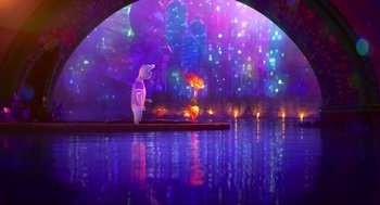 Movie still from “Elemental” (2023), directed by Peter Sohn – An artistic painting of a person standing on a boat in the middle of the night; Wide shot, Over the shoulder angle