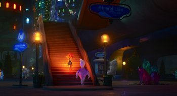 Movie still from “Elemental” (2023), directed by Peter Sohn – A scene from the animated movie , the flintstones; Extreme Wide shot, Low angle