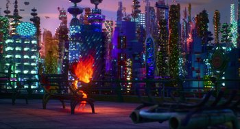 Movie still from “Elemental” (2023), directed by Peter Sohn – A fire is burning in the middle of a city; Extreme Wide shot, Over the shoulder angle