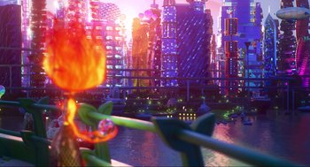 Movie still from “Elemental” (2023), directed by Peter Sohn – A view of a city skyline at sunset; Extreme Wide shot, Over the shoulder angle