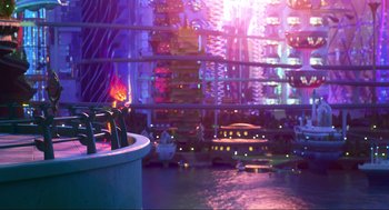 Movie still from “Elemental” (2023), directed by Peter Sohn – A view of a city from the inside of an aquarium; Extreme Wide shot, Over the shoulder angle
