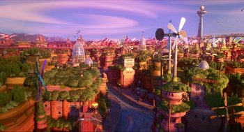 Movie still from “Elemental” (2023), directed by Peter Sohn – An image of an animated town with a lot of trees; Extreme Wide shot, High angle