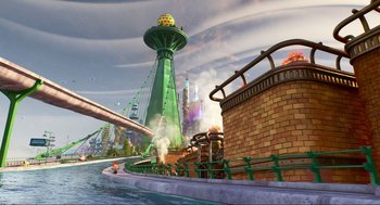 Movie still from “Elemental” (2023), directed by Peter Sohn – An amusement park with a lot of buildings in the background; Extreme Wide shot, High angle