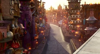 Movie still from “Elemental” (2023), directed by Peter Sohn – A street filled with lots and lots of buildings; Extreme Wide shot, High angle