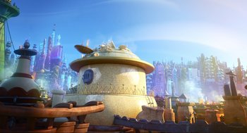 Movie still from “Elemental” (2023), directed by Peter Sohn – An image of an animated city with a building in the background; Extreme Wide shot, Low angle