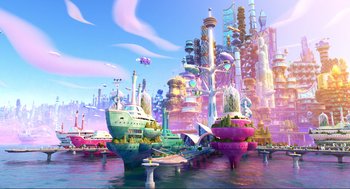 Movie still from “Elemental” (2023), directed by Peter Sohn – An artistic rendering of a city on a body of water; Extreme Wide shot, High angle