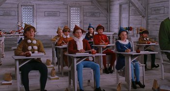 Movie still from “Elf” (2003), directed by Jon Favreau – A group of people sitting at a desk in a classroom; Wide shot, High angle