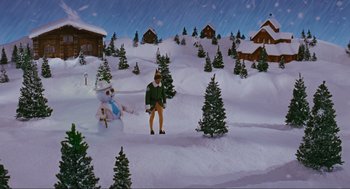 Movie still from “Elf” (2003), directed by Jon Favreau – A man and a snowman in the snow; Extreme Wide shot, High angle
