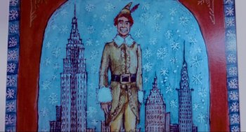 Movie still from “Elf” (2003), directed by Jon Favreau – A painting of a man dressed as a christmas elf in front of a city skyline; Medium shot, Low angle