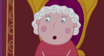 Movie still from “Elizabeth: A Portrait in Part(s)” (2022), directed by Roger Michell – An old woman with a surprised look on her face; Close Up shot, Over the shoulder angle