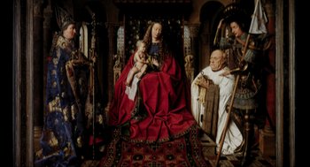 Movie still from “Elizabeth: A Portrait in Part(s)” (2022), directed by Roger Michell – A painting of a woman holding a baby in her lap; Extreme Wide shot, High angle