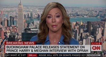 Movie still from “Elizabeth: A Portrait in Part(s)” (2022), directed by Roger Michell – A woman is talking on a television set; Close Up shot, Over the shoulder angle