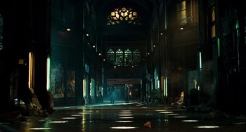 Movie still from “A Good Day to Die Hard” (2013), directed by John Moore – A person standing in the middle of an empty room; Extreme Wide shot, Low angle