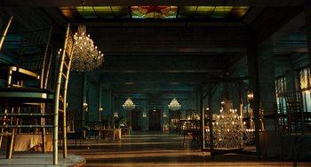 Movie still from “A Good Day to Die Hard” (2013), directed by John Moore – A large room with chandeliers in the center of the room; Extreme Wide shot, Low angle