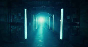 Movie still from “A Good Day to Die Hard” (2013), directed by John Moore – A dark hallway with neon lights glowing in the dark; Extreme Wide shot, Low angle
