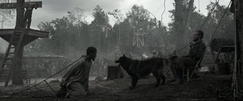 Movie still from “Emancipation” (2022), directed by Antoine Fuqua – A man crouching down next to a dog in a field; Wide shot, Over the shoulder angle