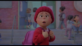 An animated person with a pink backpack