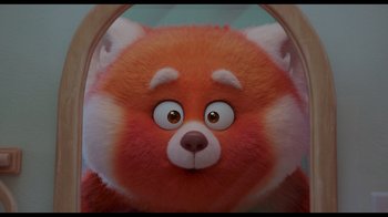 An animated red panda is looking at the camera
