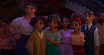 Movie still from “Encanto” (2021), directed by Charise Castro Smith – A group of young women standing next to each other; Medium shot, Over the shoulder angle