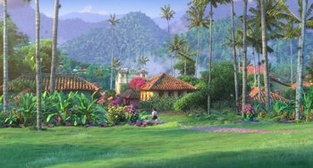 Movie still from “Encanto” (2021), directed by Charise Castro Smith – An oil painting of an outdoor scene with trees and flowers; Extreme Wide shot, Over the shoulder angle