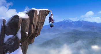 Movie still from “Encanto” (2021), directed by Charise Castro Smith – A man jumping off of a cliff into the air; Extreme Wide shot, Low angle