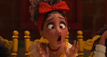 Movie still from “Encanto” (2021), directed by Charise Castro Smith – A cartoon character with a surprised look on his face; Close Up shot, Low angle
