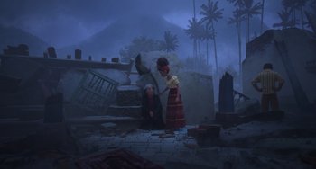 Movie still from “Encanto” (2021), directed by Charise Castro Smith – Two people in a dark area with trees in the background; Wide shot, High angle