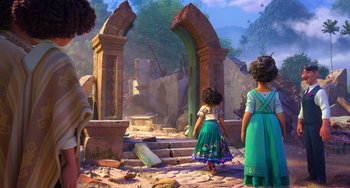 Movie still from “Encanto” (2021), directed by Charise Castro Smith – A scene of a scene from the movie , moana; Wide shot, Over the shoulder angle