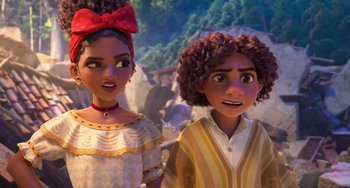 Movie still from “Encanto” (2021), directed by Charise Castro Smith – A couple of people standing next to each other in a room; Close Up shot, Over the shoulder angle