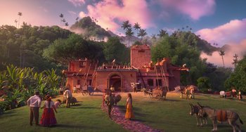 Movie still from “Encanto” (2021), directed by Charise Castro Smith – An image of a group of people in a field; Extreme Wide shot, Low angle