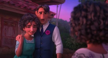 Movie still from “Encanto” (2021), directed by Charise Castro Smith – A man and a woman standing next to each other; Close Up shot, Over the shoulder angle