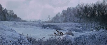 Movie still from “Enemy at the Gates” (2001), directed by Jean-Jacques Annaud – A painting of an animal in the snow; Extreme Wide shot, High angle