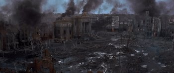 Movie still from “Enemy at the Gates” (2001), directed by Jean-Jacques Annaud – An oil painting of an abandoned city with smoke billowing from the buildings; Extreme Wide shot, High angle