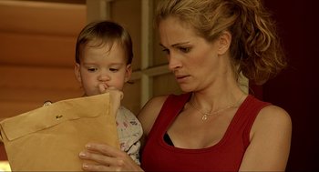Movie still from “Erin Brockovich” (2000), directed by Steven Soderbergh – A woman and a child looking at a piece of paper; Close Up shot, Over the shoulder angle