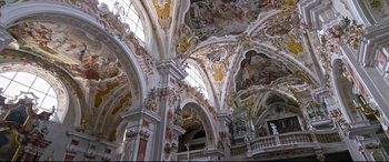 Movie still from “A Hidden Life” (2019), directed by Terrence Malick – A large cathedral with many paintings on the ceiling; Extreme Wide shot, Low angle