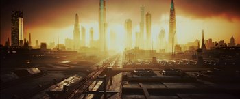 Movie still from “Escape Plan” (2013), directed by Mikael Håfström – An image of a city skyline with a train station in the foreground; Extreme Wide shot, High angle