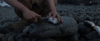 Movie still from “Eternals” (2021), directed by Chloé Zhao – A person holding a fish on a rock; Extreme Close Up shot, High angle