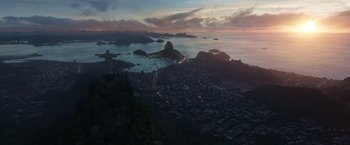Movie still from “Eternals” (2021), directed by Chloé Zhao – An aerial view of the city of rio de janeiro; Extreme Wide shot, High angle