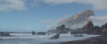 Movie still from “Eternals” (2021), directed by Chloé Zhao – A view of a body of water with mountains in the background; Extreme Wide shot, Low angle