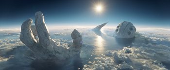 Movie still from “Eternals” (2021), directed by Chloé Zhao – An aerial view of the ocean and the sun; Extreme Wide shot, High angle