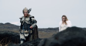 Movie still from “Eurovision Song Contest: The Story of Fire Saga” (2020), directed by David Dobkin – A man and a woman dressed as thor and a valkyrie; Medium shot, Over the shoulder angle