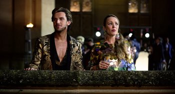 Movie still from “Eurovision Song Contest: The Story of Fire Saga” (2020), directed by David Dobkin – A man and a woman standing next to each other; Medium shot, Over the shoulder angle