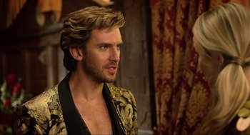 Movie still from “Eurovision Song Contest: The Story of Fire Saga” (2020), directed by David Dobkin – A person wearing a suit; Close Up shot, Over the shoulder angle